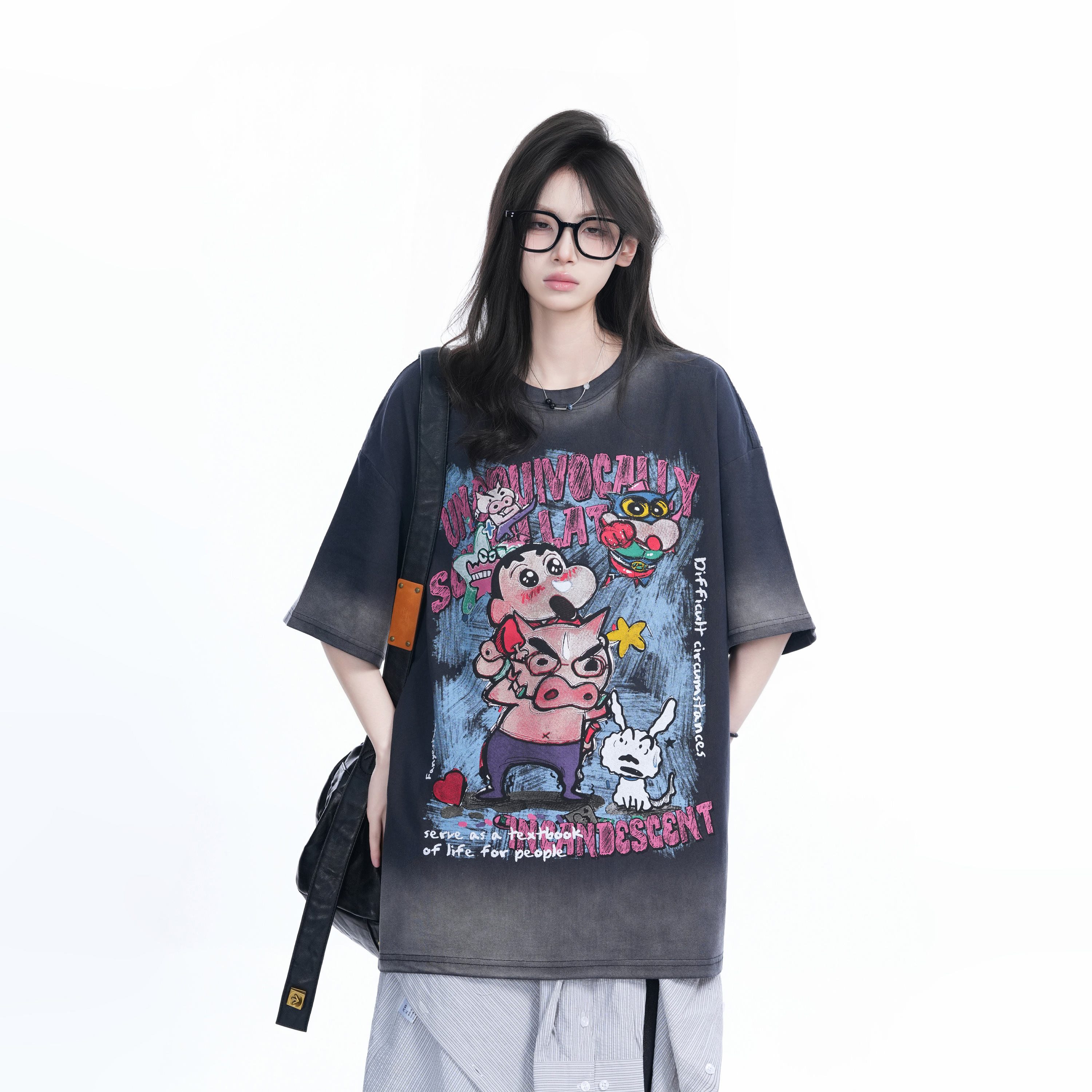 Pink Gradient Cartoon Print Loose-Fit Short-Sleeve T-Shirt for Women - American Style Heavy-Duty Casual Top