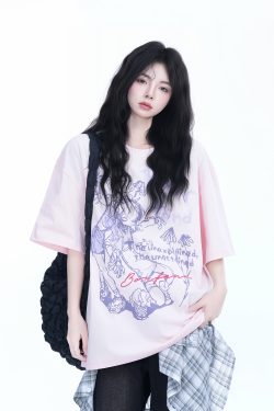 Pink Oversized Short-Sleeve T-Shirt for Women - American Dark Style, Summer Casual, Loose Fit with 
