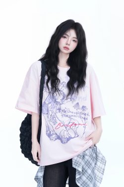 Pink Oversized Short-Sleeve T-Shirt for Women - American Dark Style, Summer Casual, Loose Fit with "Sit and Eat Until the Mountains Are Empty" Print