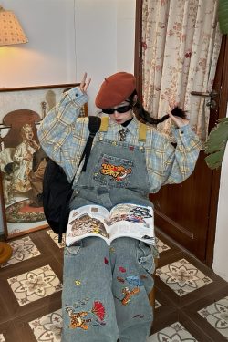 Playful Vintage Washed Blue Denim Overalls Unisex Jumpsuit - Retro Style Versatile Fashion for 90s & Y2K Aesthetic