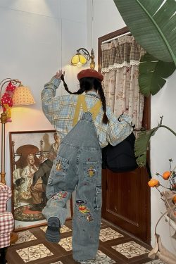 Playful Vintage Washed Blue Denim Overalls Unisex Jumpsuit - Retro Style Versatile Fashion for 90s & Y2K Aesthetic