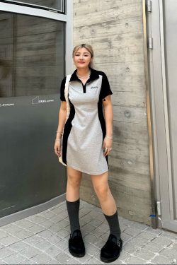 Plus Size Color Block Polo Collar Mid-Length Dress - Waist-Defining Slimming Fit for Women - Elegant Casual Style
