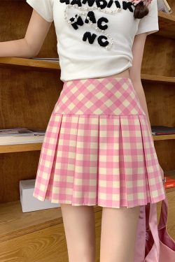 Plus-Size Pink Plaid High-Waisted Pleated Midi Skirt - Women's Summer Checkered A-Line Skirt with Slim Fit for Trendy Style
