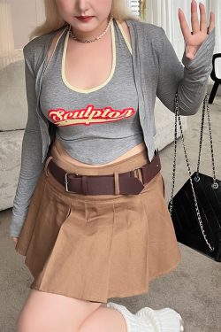 Plus Size Retro Coffee Color Pleated A-Line Mini Skirt - American Style College Fashion, Solid Color, Slim Fit