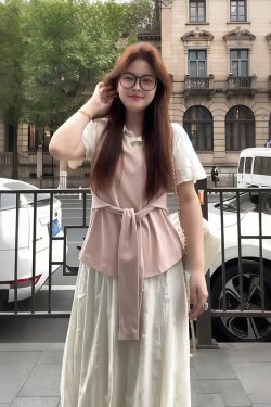 Plus-Size Women's Faux Two-Piece Spliced Top and Flower Bud Skirt Set - Elegant Slim-Fit Summer Fashion