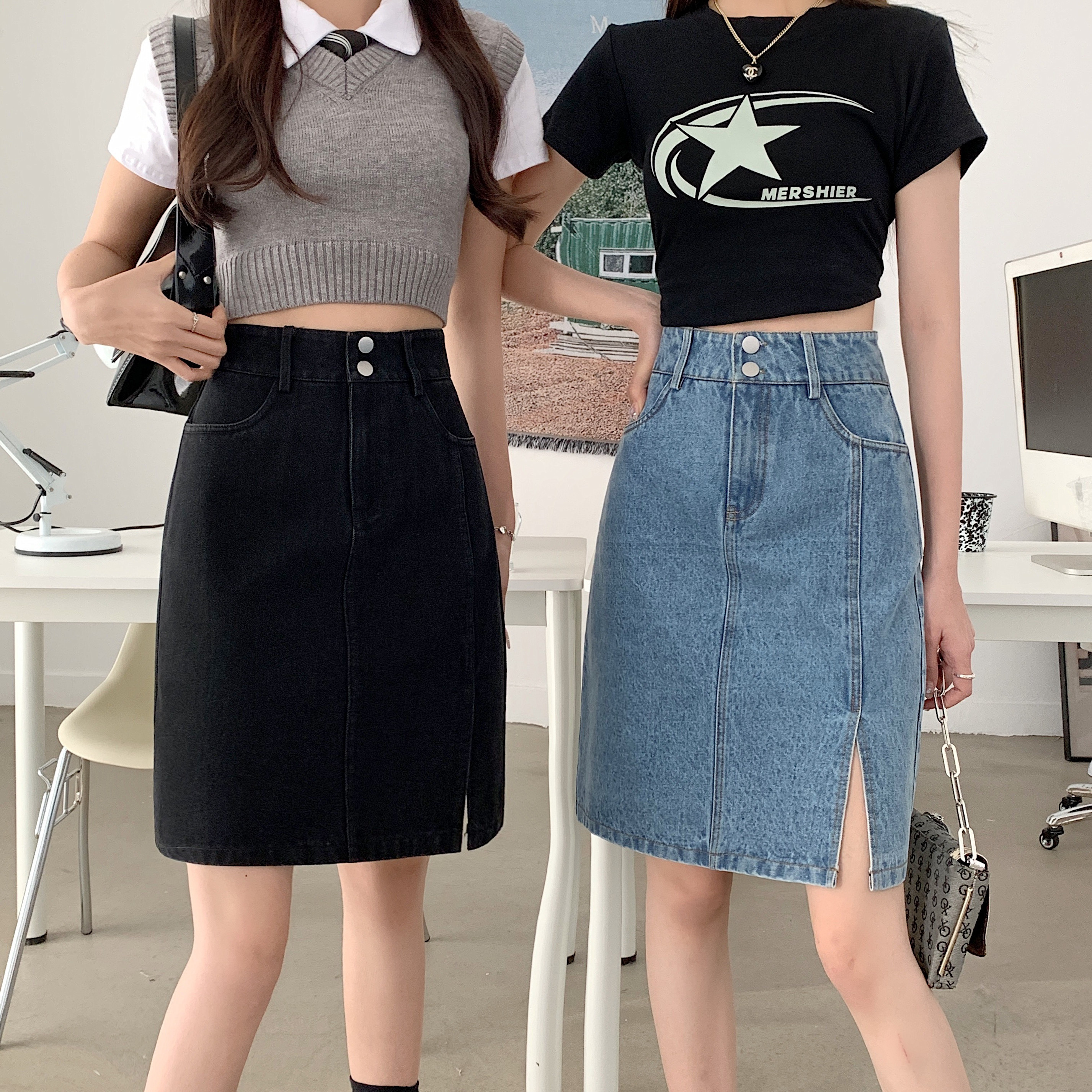 Plus Size Women's Summer Mid-Length High-Waisted A-Line Denim Skirt with Slimming Split - Korean Style Bodycon Fashion