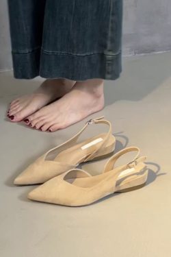 Pointed Toe Sheepskin Wedge Heeled Sandals for Women, French Minimalist Back Strap Evening Shoes, Chic Commuting Flats