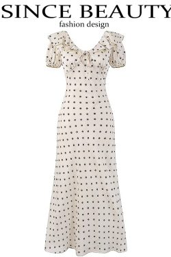 Polka Dot Print Ruffled V-Neck Puff Sleeve Dress for Women - Slimming Waist-Defining Long Dress, Perfect for 90s and Y2K Style