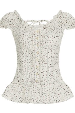 Puff Sleeve Lace-Trimmed Floral Shirt for Women - Cinched Waist Short Sleeve French Cardigan Style - Countryside Town Design