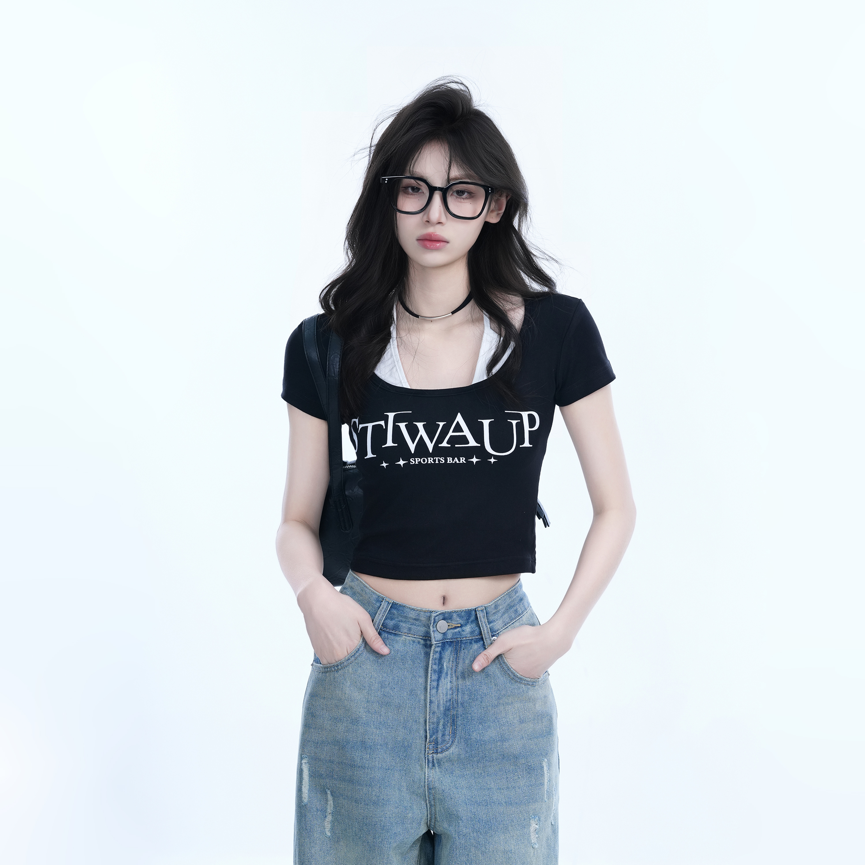 Pure Desire Style Neck Hanging Strap Short Sleeve T-Shirt for Women - Faux Two-Piece Slim Fit Top, Perfect for Y2K and Casual Wear