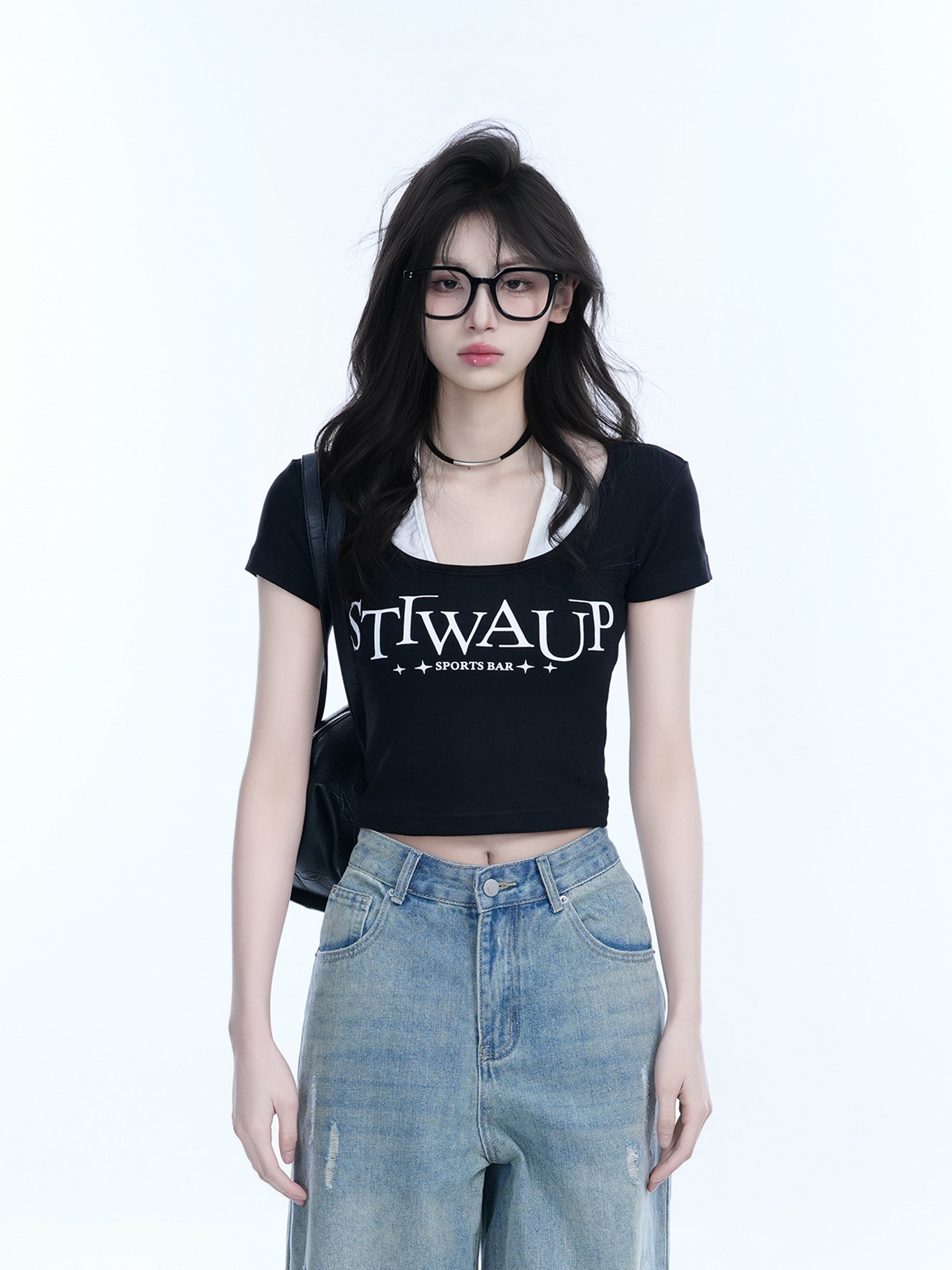 Pure Desire Style Neck Hanging Strap Short Sleeve T-Shirt for Women - Faux Two-Piece Slim Fit Top, Perfect for Y2K and Casual Wear