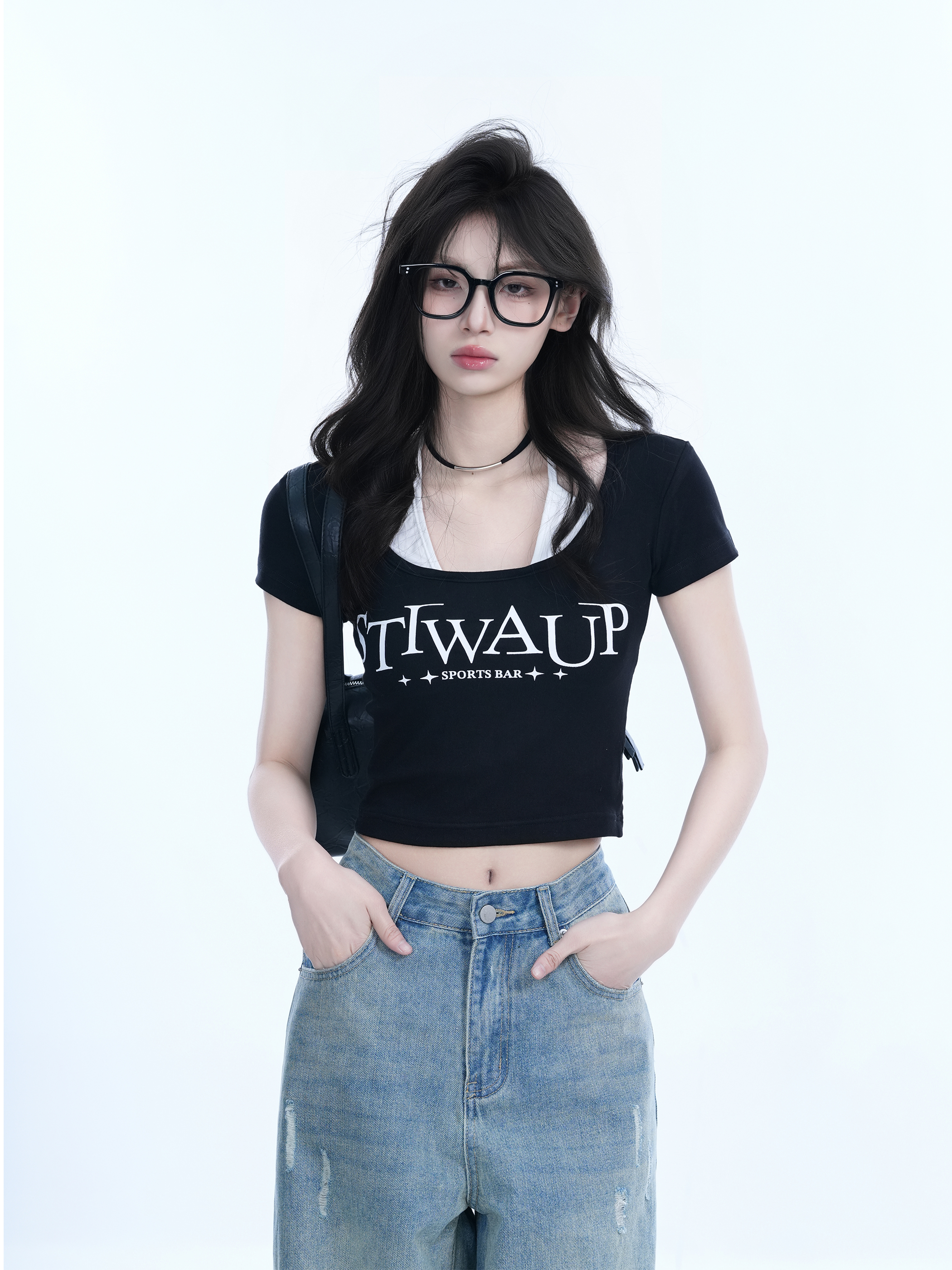 Pure Desire Style Neck Hanging Strap Short Sleeve T-Shirt for Women - Faux Two-Piece Slim Fit Top, Perfect for Y2K and Casual Wear