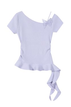 Purple 3D Butterfly Off-Shoulder Knit T-Shirt with Waist-Cinching Fit - Petite Summer Style