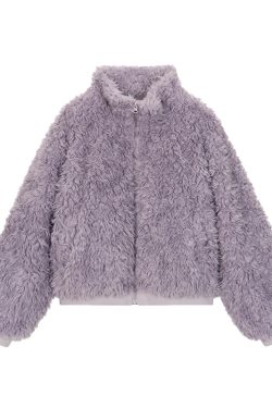 Purple Fluffy Long Lamb Wool Coat for Autumn & Winter, Loose Versatile Short Stand-Up Collar Outerwear