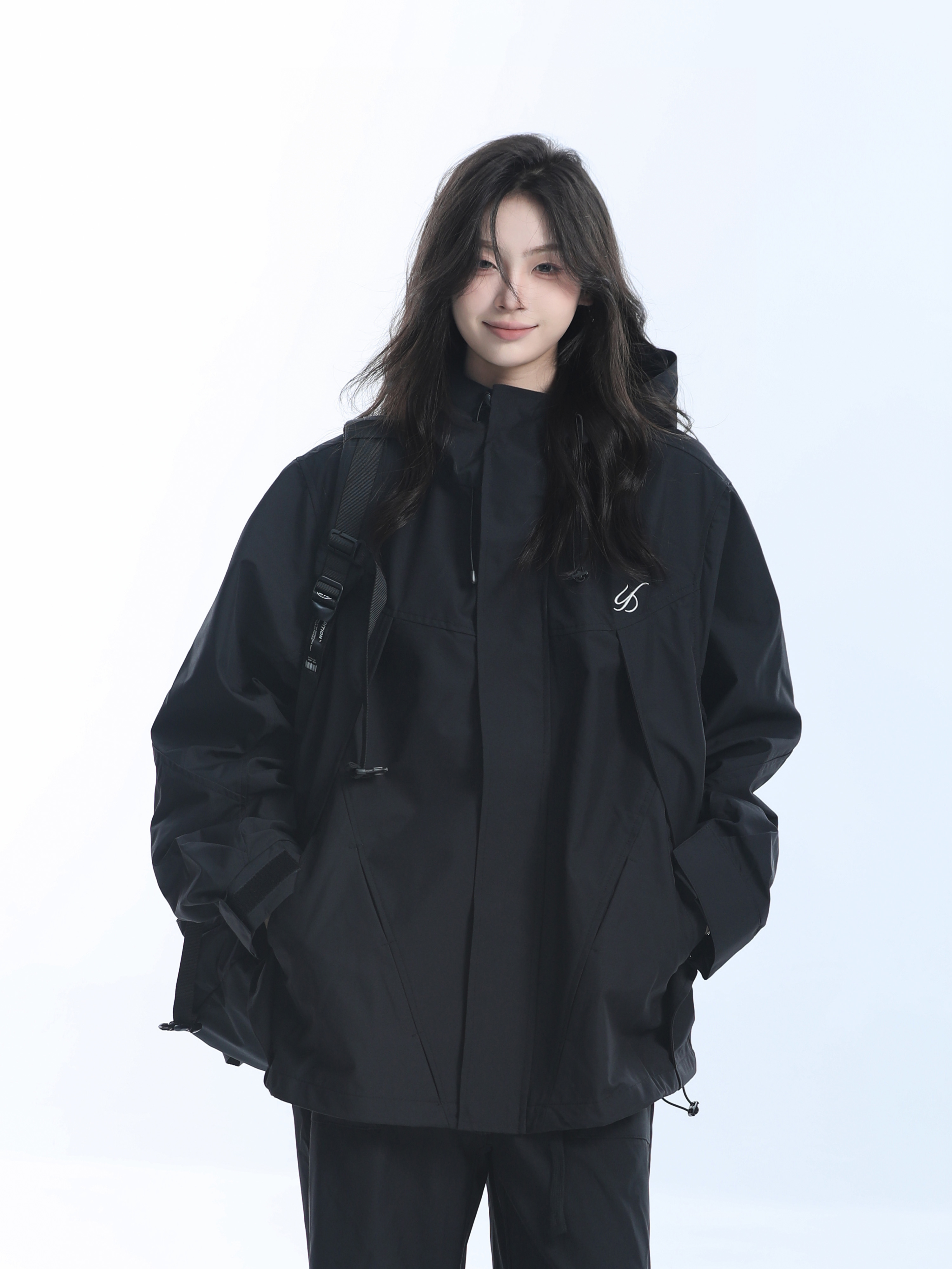 Retro American High-Neck Windbreaker Jacket for Women - Loose Waterproof Windproof Outdoor Black Jacket
