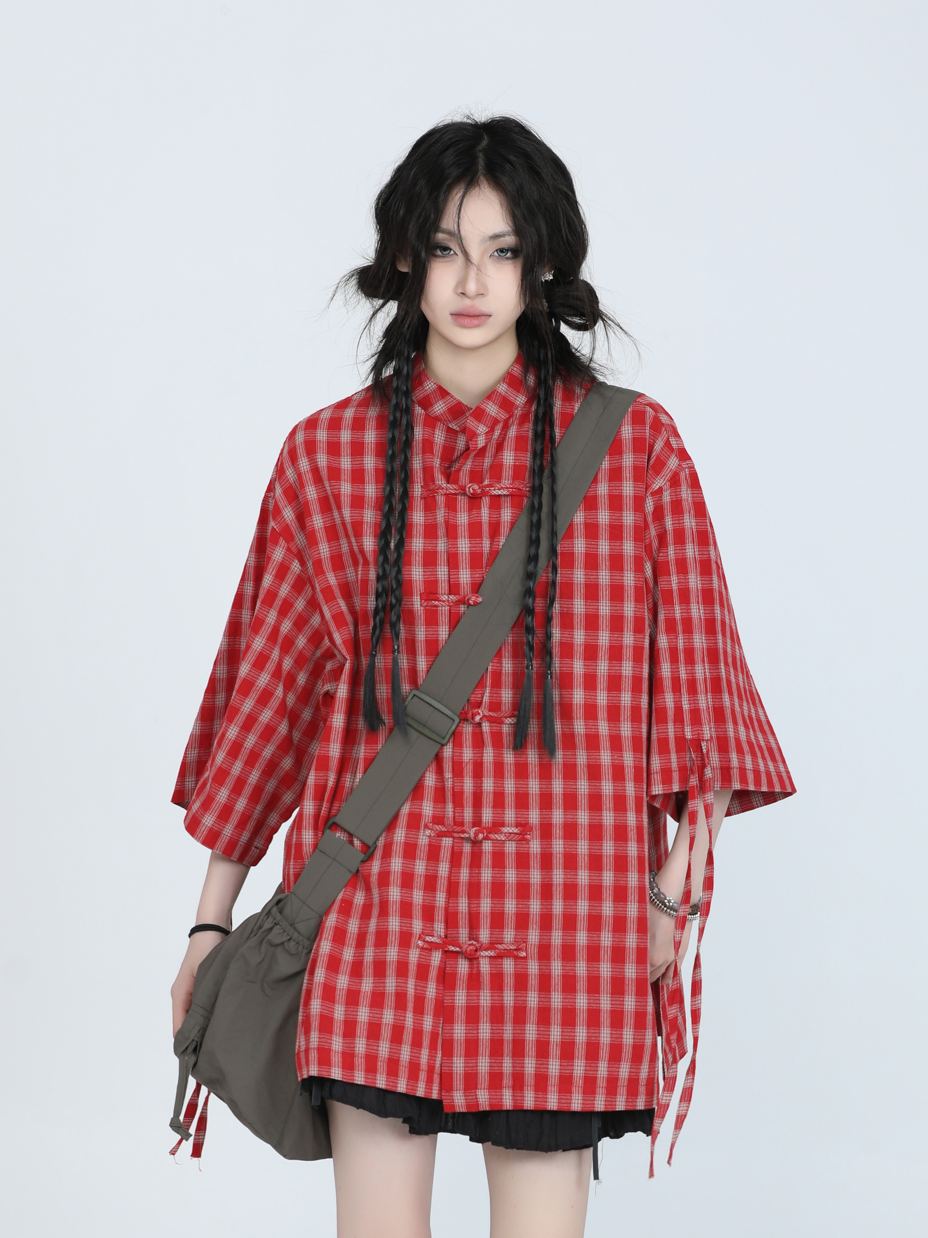 Retro Chinese-Style Red Plaid Short Sleeve Shirt for Women - Unique Loose Fit, Vintage-Inspired Fashion