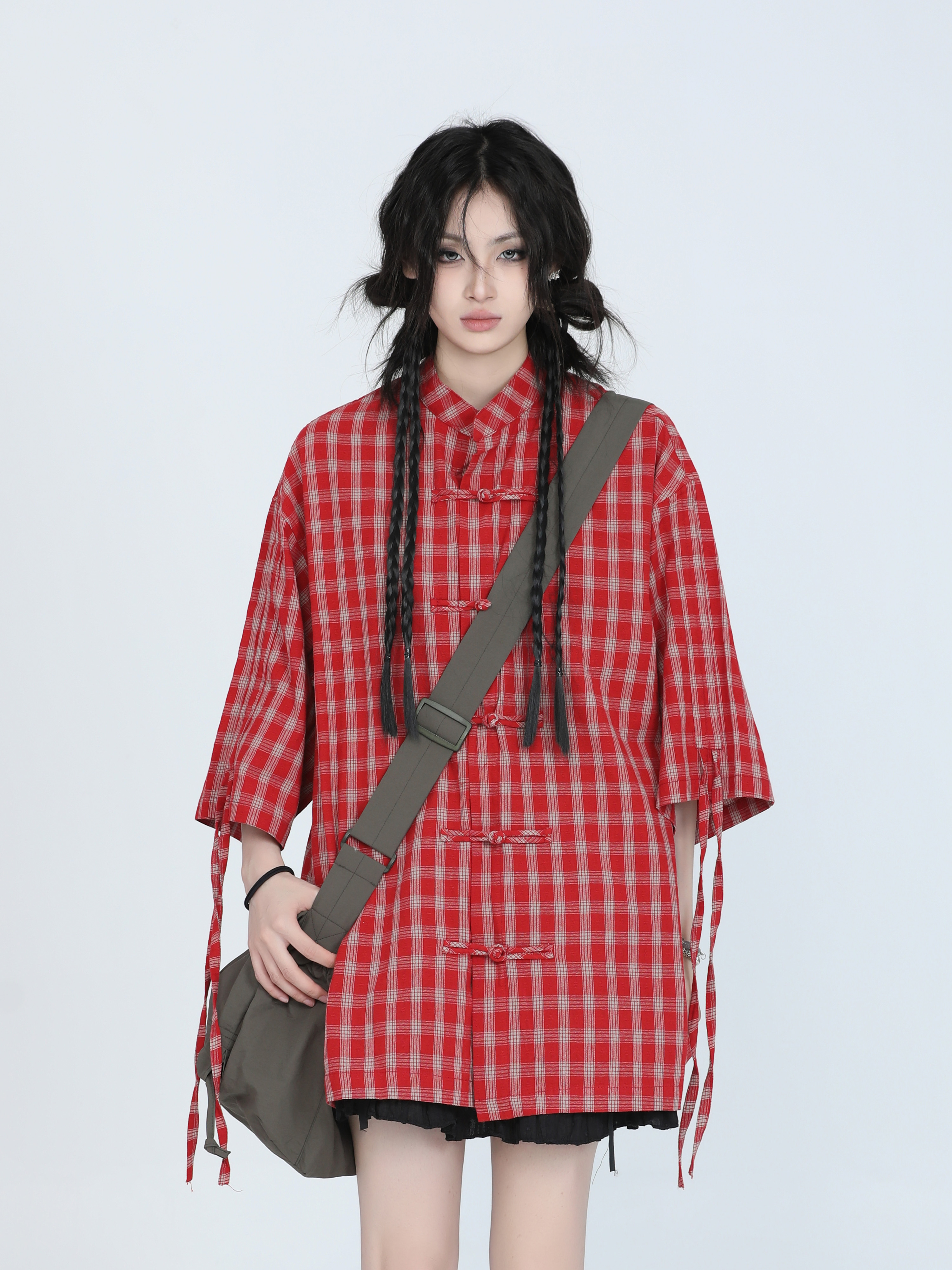 Retro Chinese-Style Red Plaid Short Sleeve Shirt for Women - Unique Loose Fit, Vintage-Inspired Fashion