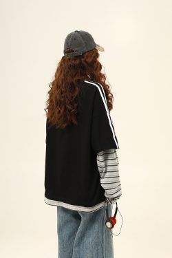 Retro Color-Blocking Loose-Fit Round Neck Long Sleeve T-Shirt for Women - Casual Spring Style, Two-Piece Look