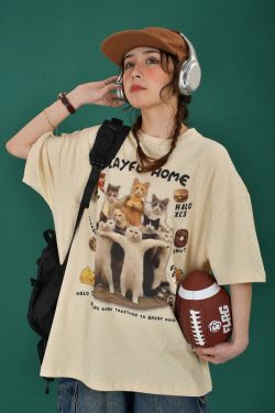 Retro Cute Cat Loose Short Sleeve T-Shirt for Women - 2024 Summer Cartoon Top in Y2K Style