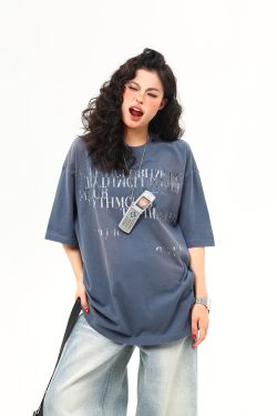 Retro Distressed Letter Short-Sleeve T-Shirt for Women – Summer Loose Fit Versatile Casual Top, Vintage American Style