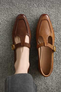 Retro Genuine Leather Mary Jane Flats for Women - Square Toe, Mid-Chunky Heel, Versatile 2025 Y2K Style Loafers