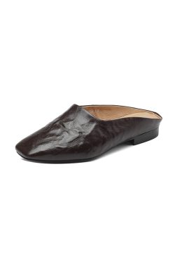 Retro High-End Genuine Leather Open-Toe Half Slippers - Square Toe Flat Mules for Y2K and 90s Inspired Style