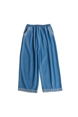 Retro High-Waisted Denim Pants with Lace Trim - Women's Wide-Leg Summer Trousers, Vintage Sea Heartbeat Embroidery