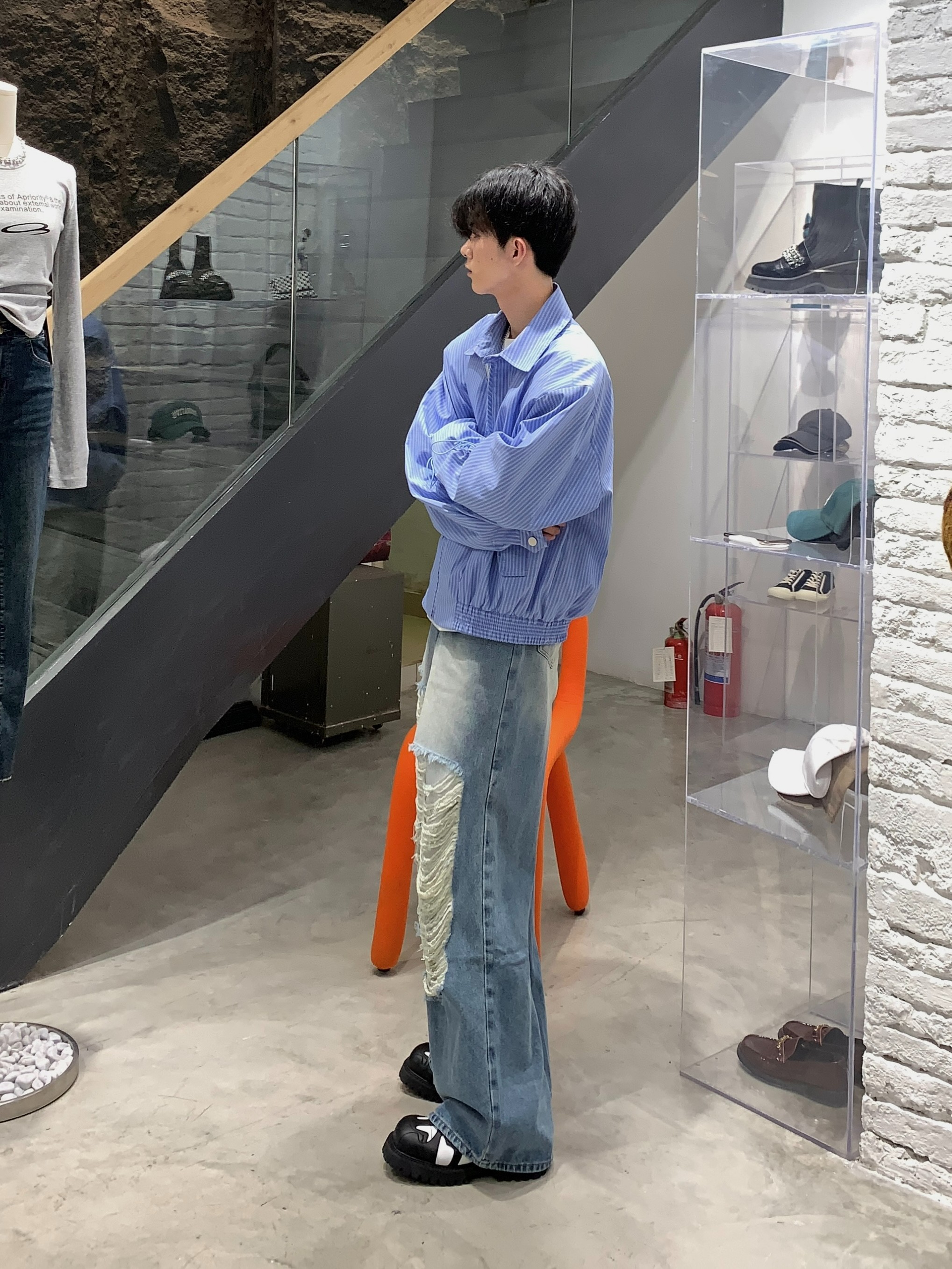 Retro Japanese-Style Blue Striped Shirt for Men - Autumn Loose Casual Shoulder-Padded Jacket, Trendy Y2K Fashion Essential