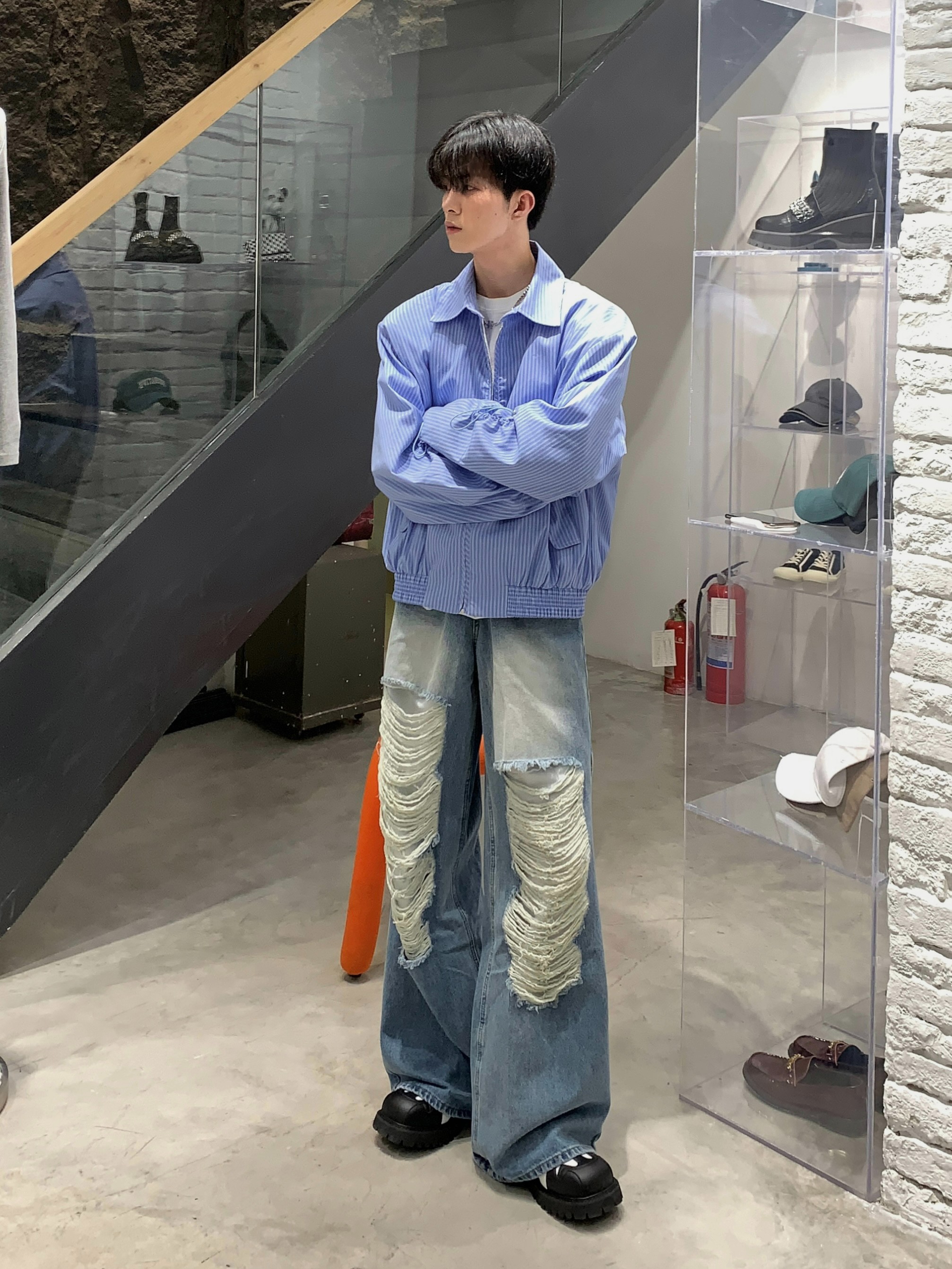 Retro Japanese-Style Blue Striped Shirt for Men - Autumn Loose Casual Shoulder-Padded Jacket, Trendy Y2K Fashion Essential