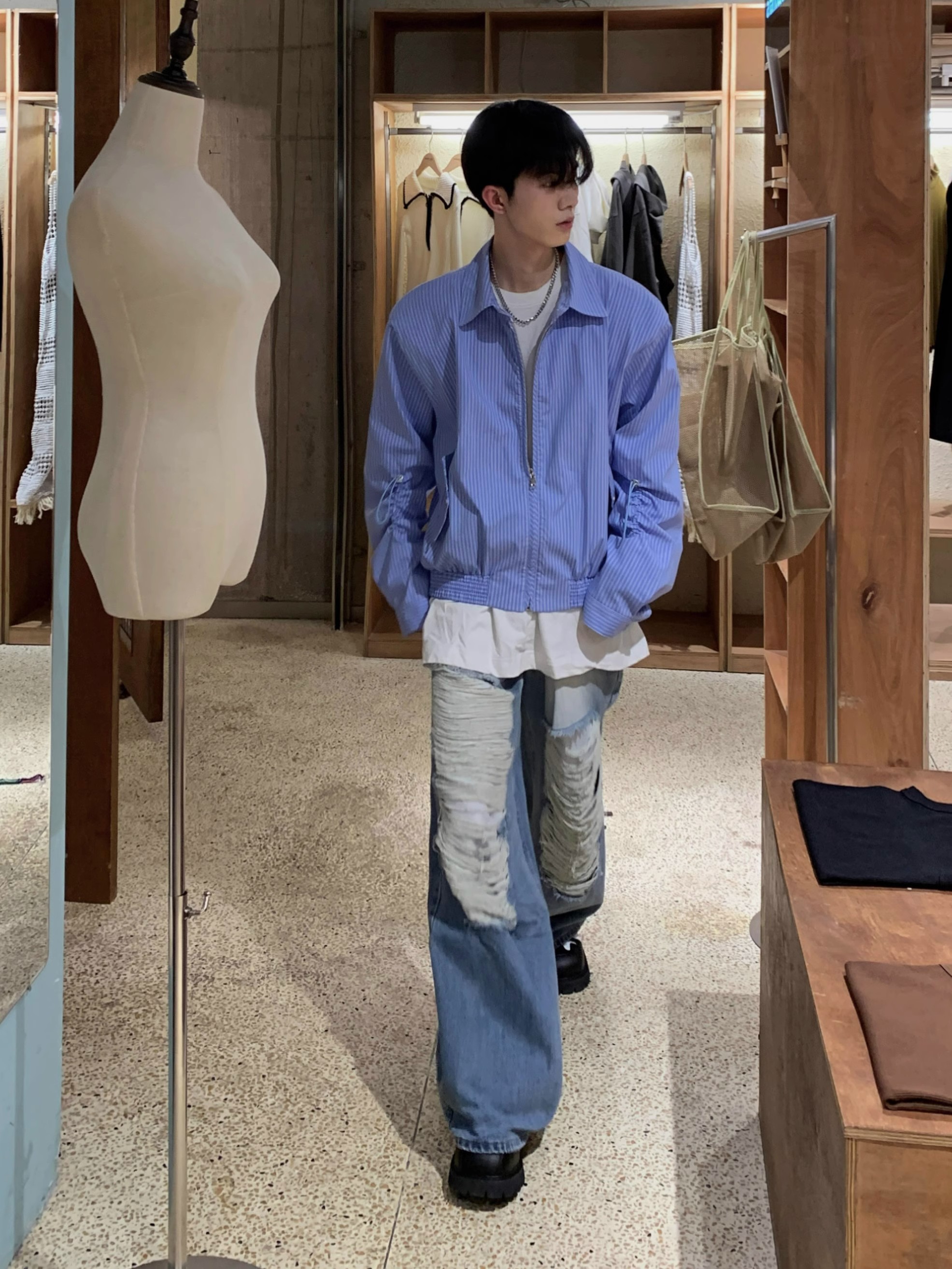 Retro Japanese-Style Blue Striped Shirt for Men - Autumn Loose Casual Shoulder-Padded Jacket, Trendy Y2K Fashion Essential
