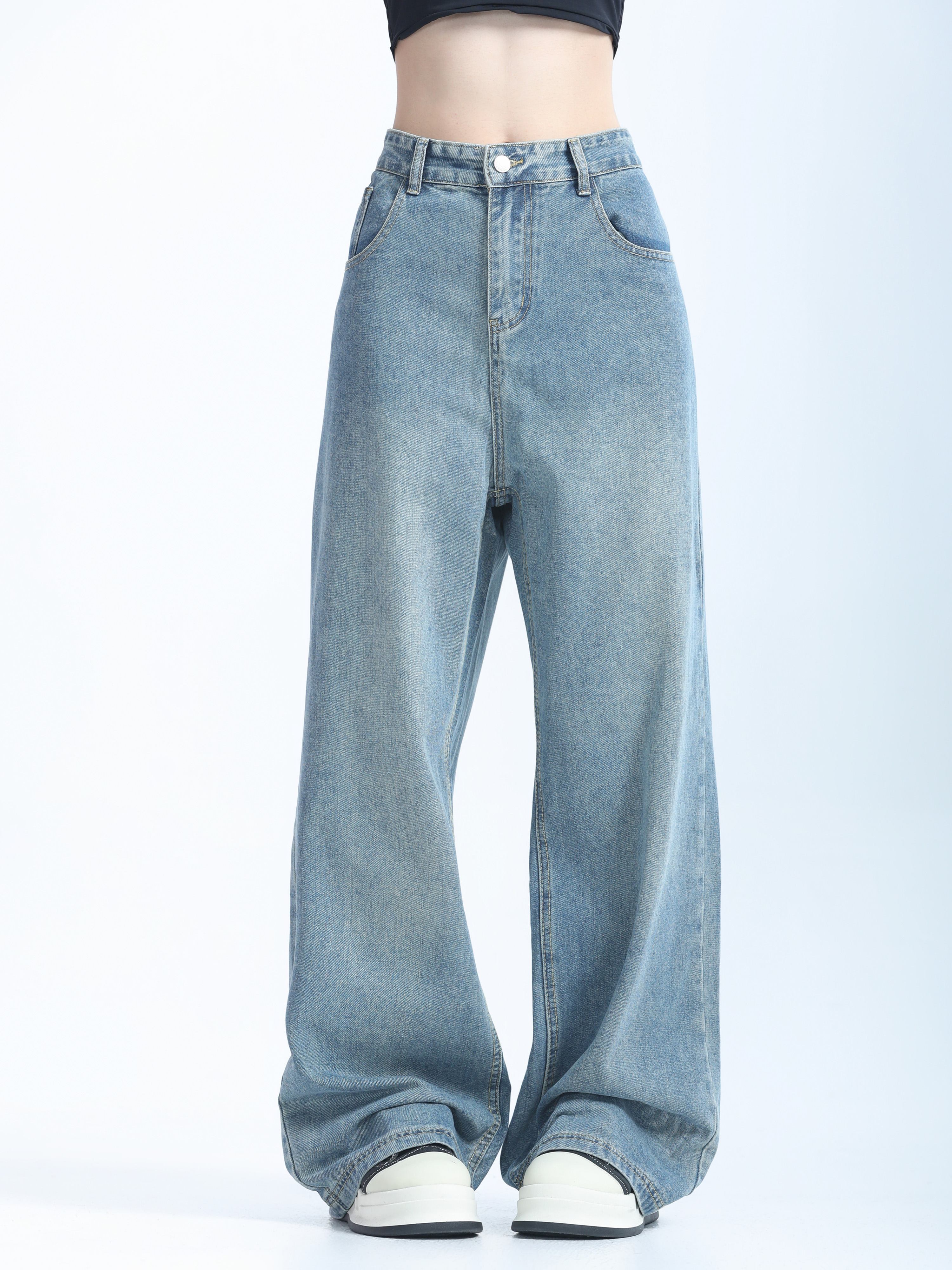 Retro Korean-Style Blue Wide-Leg Jeans for Women - Trendy Loose Straight Pants for Autumn Fashion