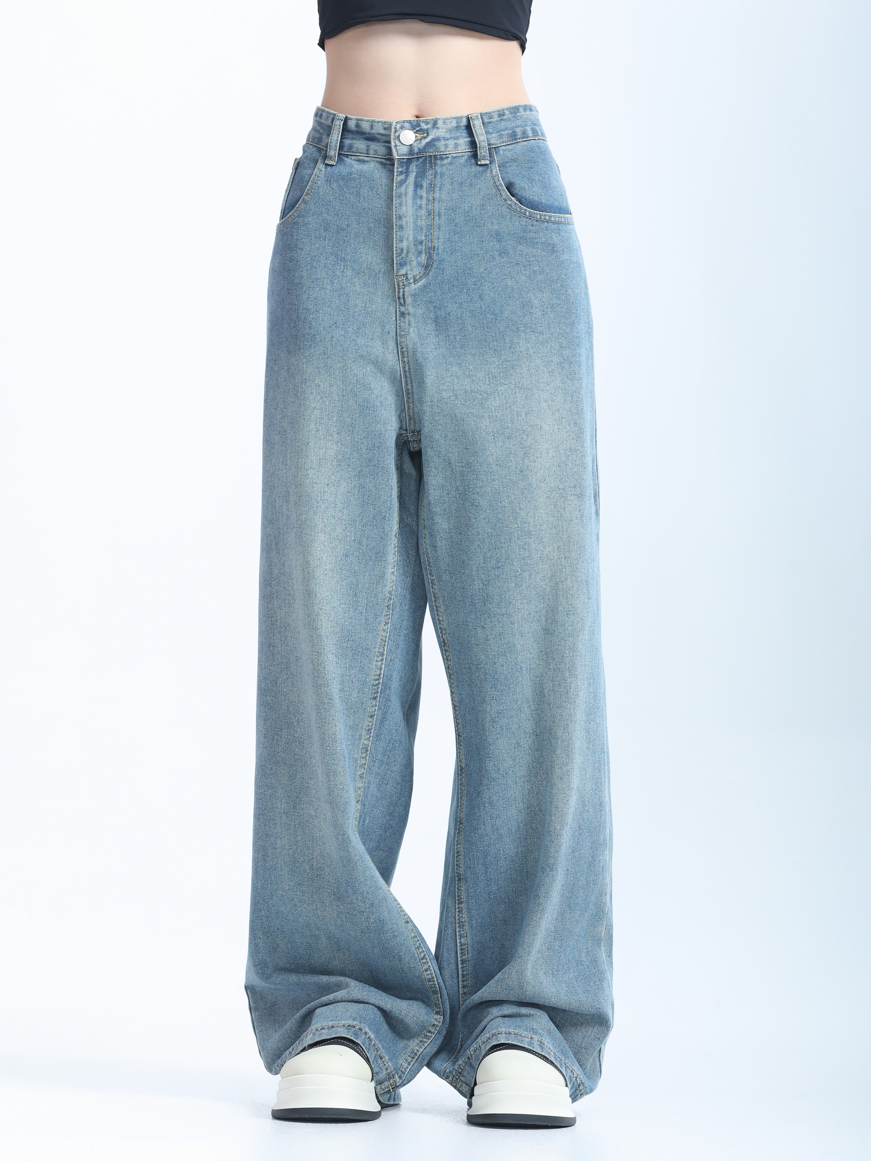 Retro Korean-Style Blue Wide-Leg Jeans for Women - Trendy Loose Straight Pants for Autumn Fashion
