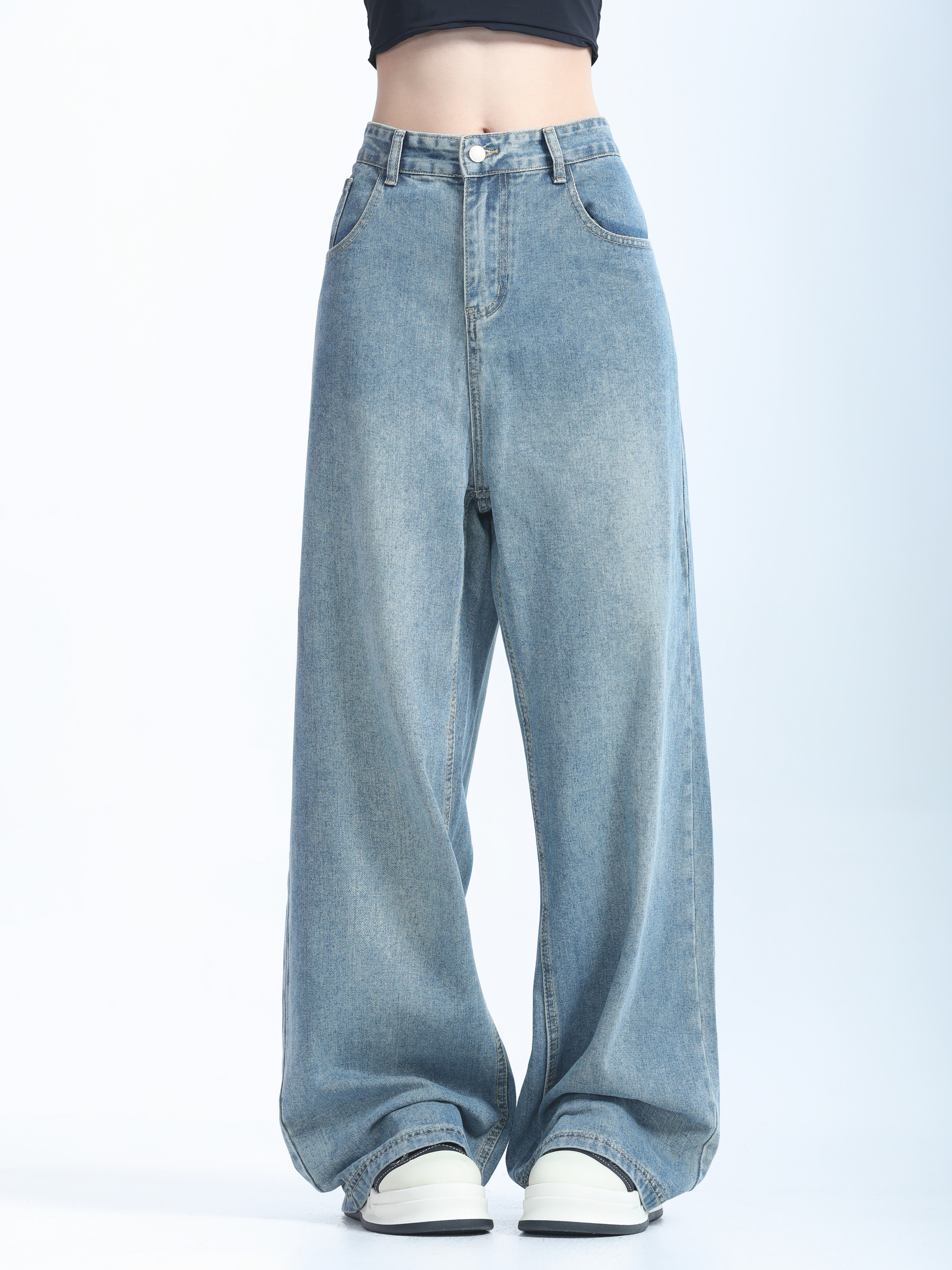Retro Korean-Style Blue Wide-Leg Jeans for Women - Trendy Loose Straight Pants for Autumn Fashion