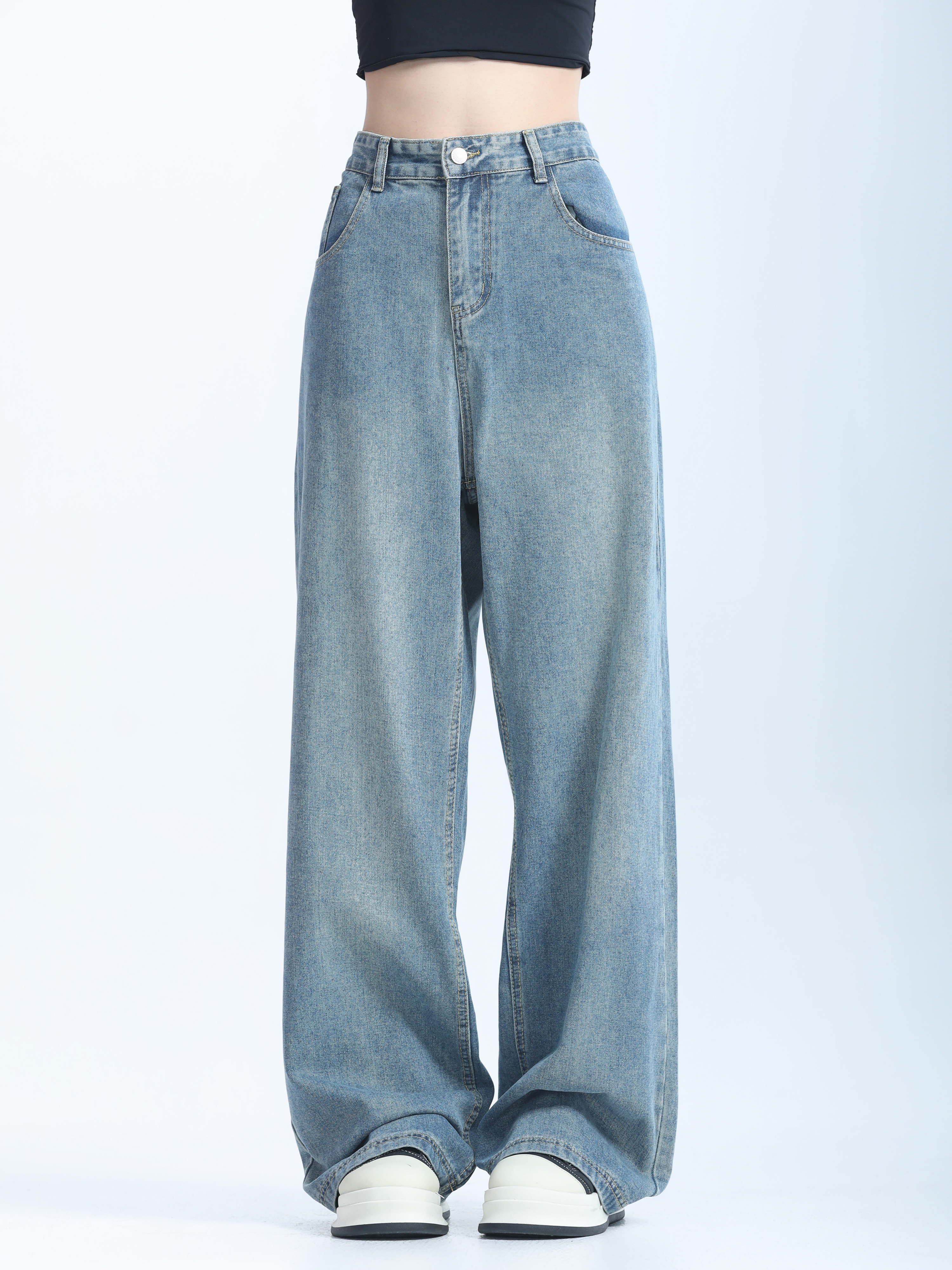Retro Korean-Style Blue Wide-Leg Jeans for Women - Trendy Loose Straight Pants for Autumn Fashion