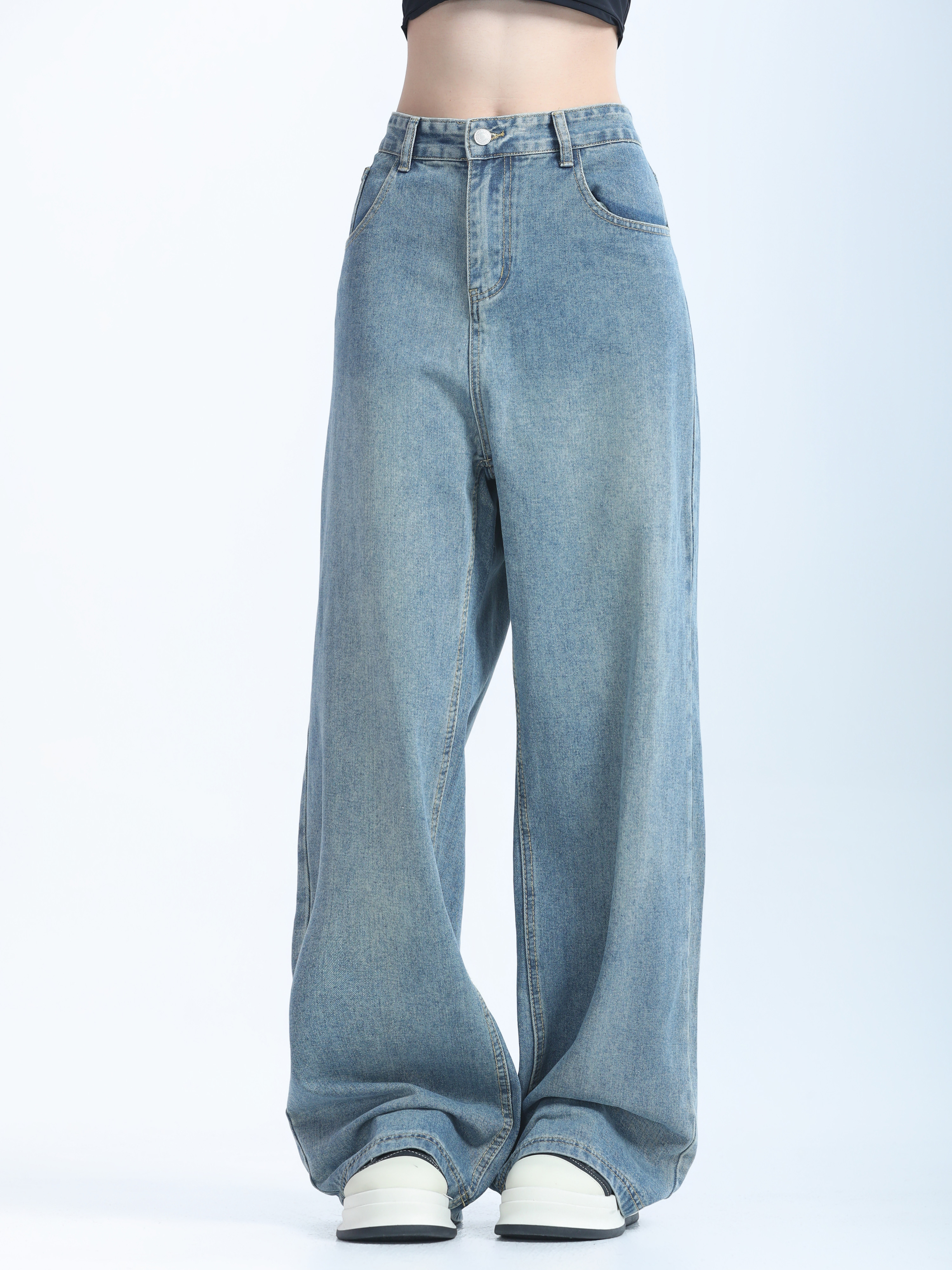 Retro Korean-Style Blue Wide-Leg Jeans for Women - Trendy Loose Straight Pants for Autumn Fashion