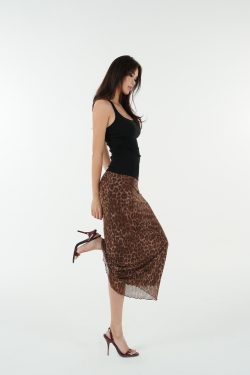 Retro Leopard Print Elastic Mesh Skirt - Y2K Inspired Fashion Statement