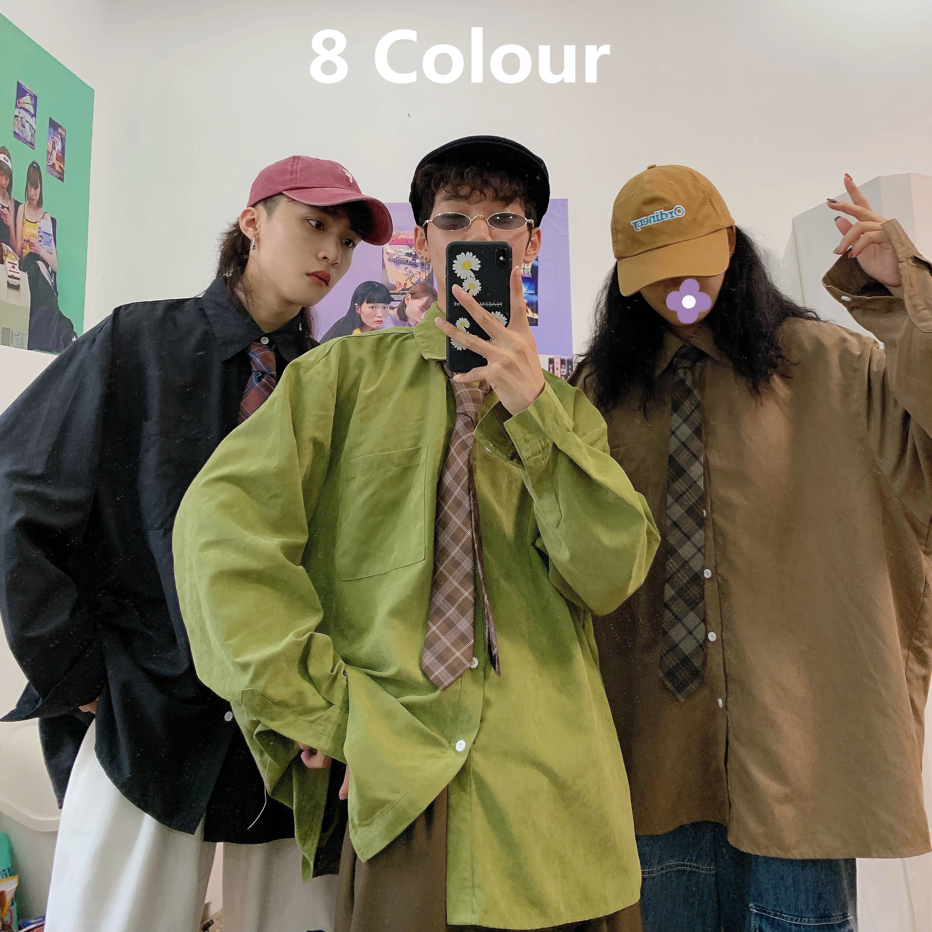 Retro Oversized Long Sleeve Shirt for Couples - Handmade Casual Korean Style Top for Spring and Autumn