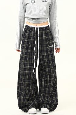 Retro Plaid Wide-Leg Double-Waist Casual Pants for Women - Loose Straight Floor-Length Trousers, Y2K Style