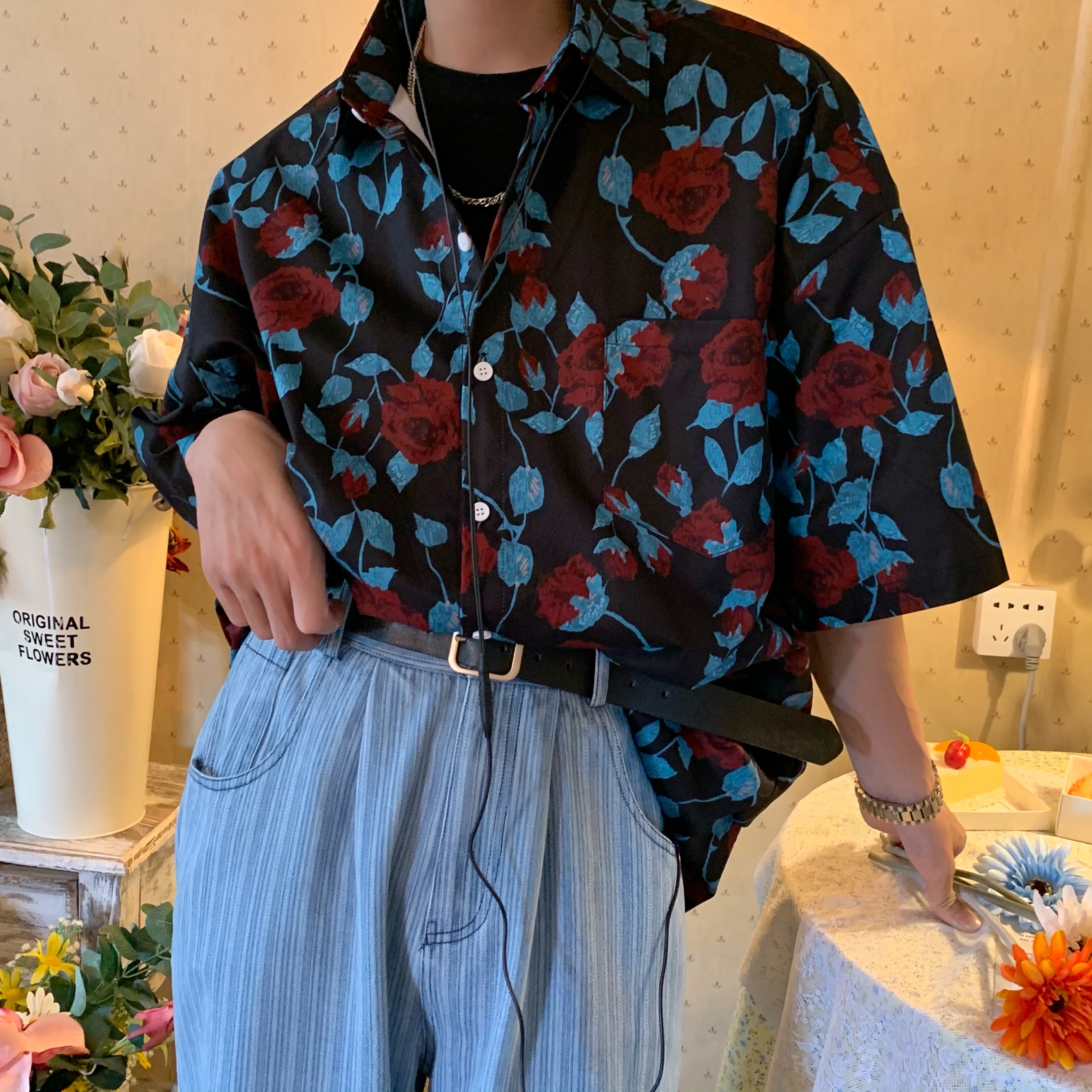 Retro Rose Print Short Sleeve Shirt - Summer Floral Korean Style for Young Trendsetters