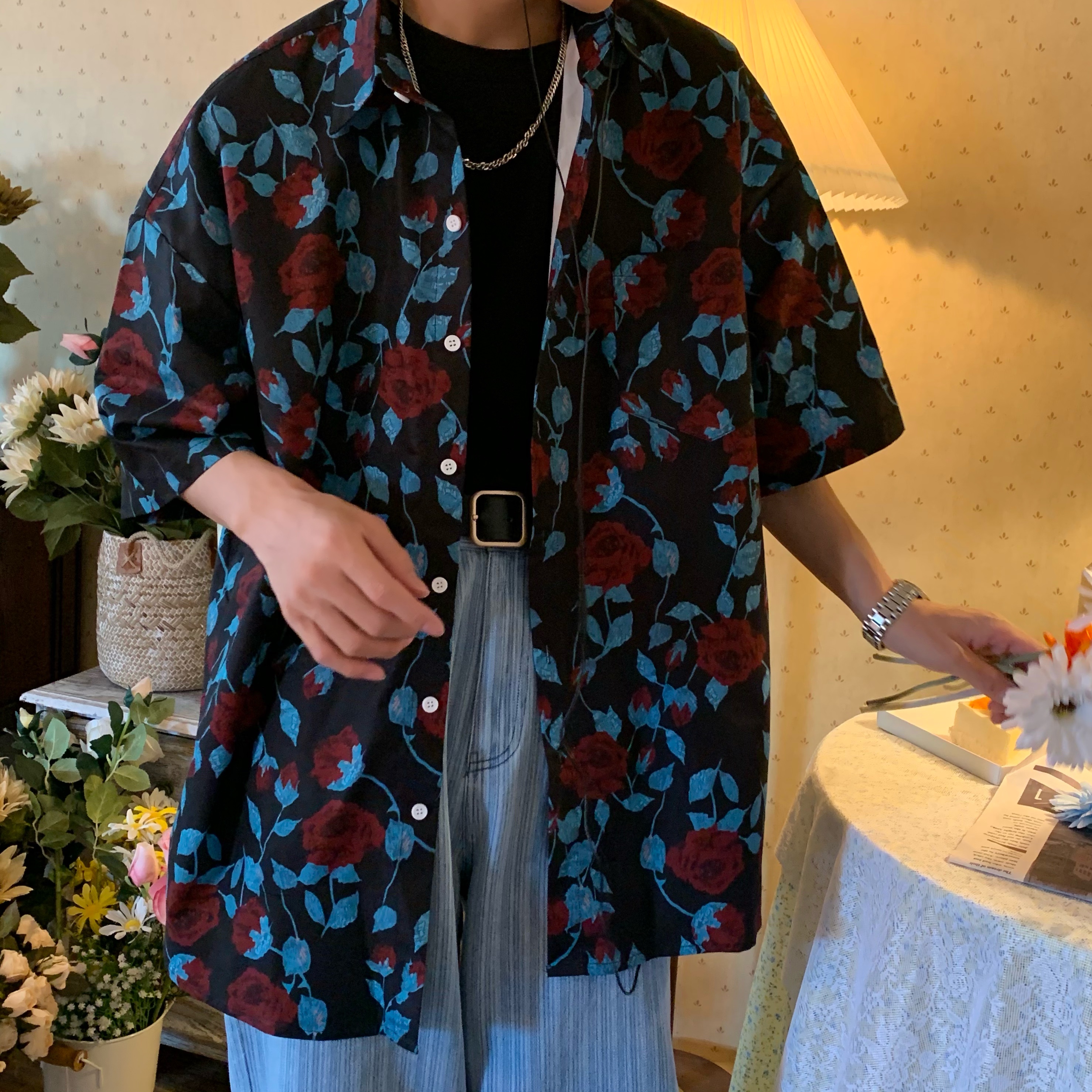 Retro Rose Print Short Sleeve Shirt - Summer Floral Korean Style for Young Trendsetters