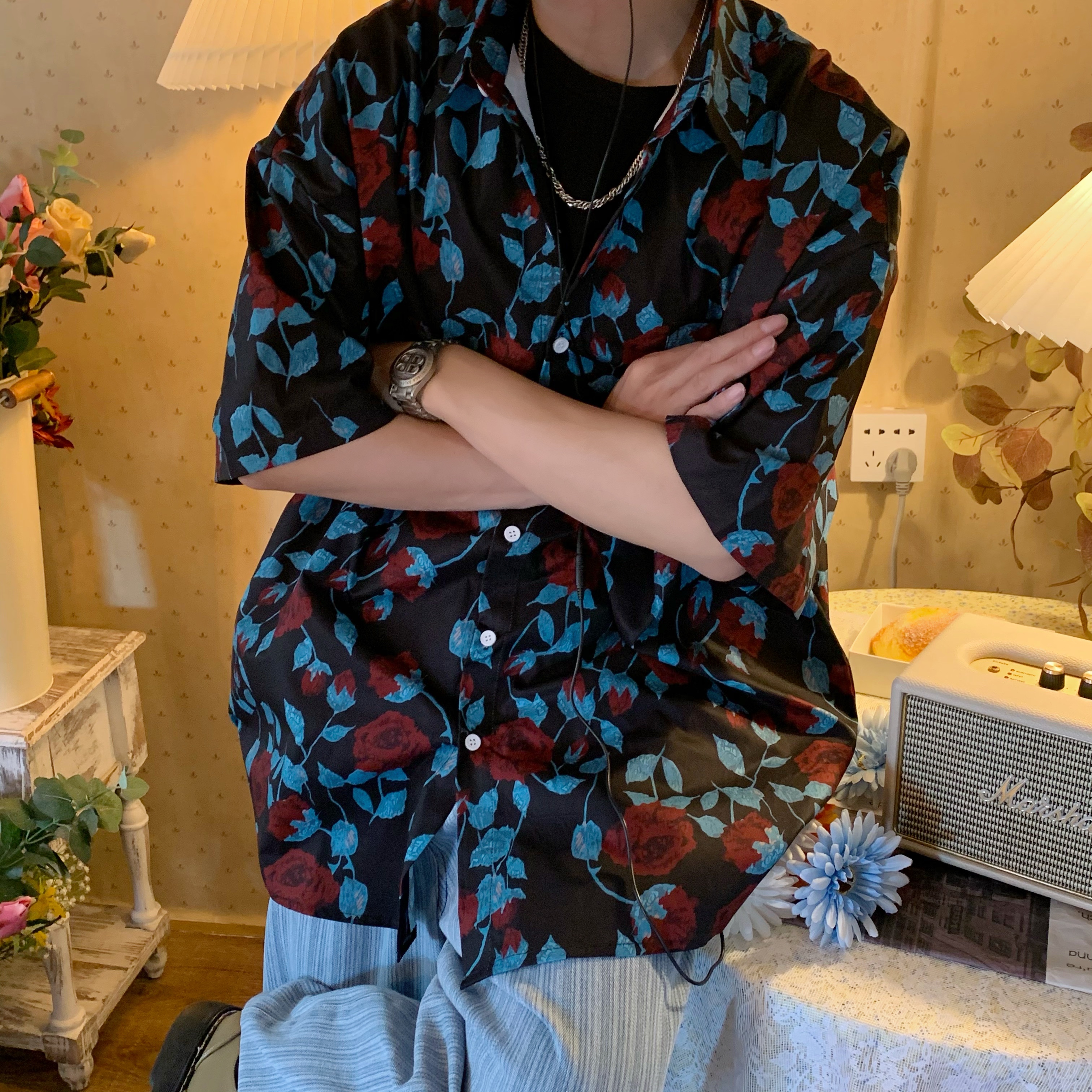 Retro Rose Print Short Sleeve Shirt - Summer Floral Korean Style for Young Trendsetters