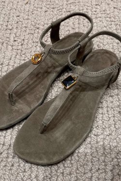Retro Sheepskin Flat Sandals with Metal Buckle, One-Strap Toe Post Roman Beach Flip-Flops for Women - Versatile Summer Footwear