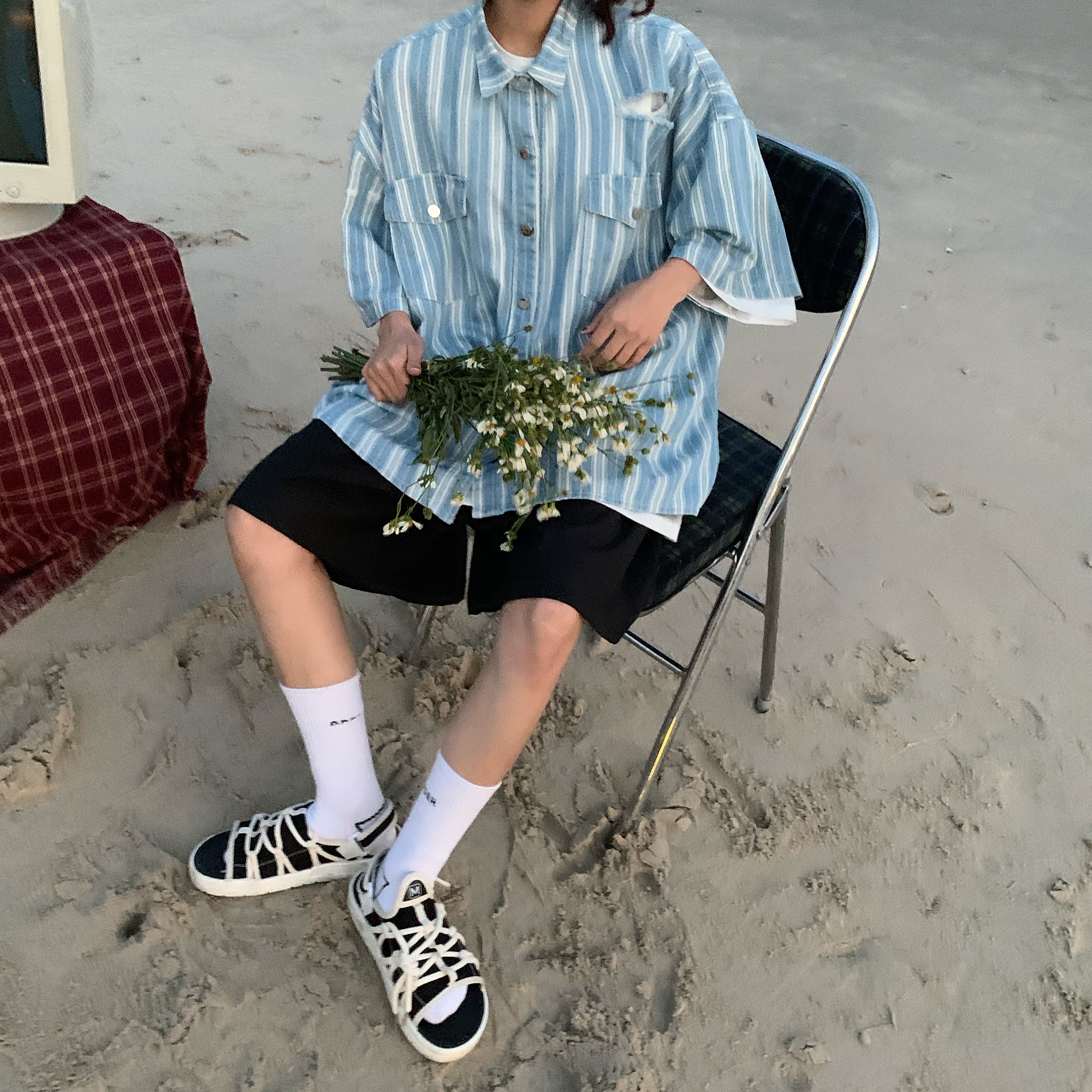Retro Striped Denim Top - Handmade Loose Fit Shirt with Ripped Short Sleeves, Summer Hong Kong Style, Trendy 90s Vibe