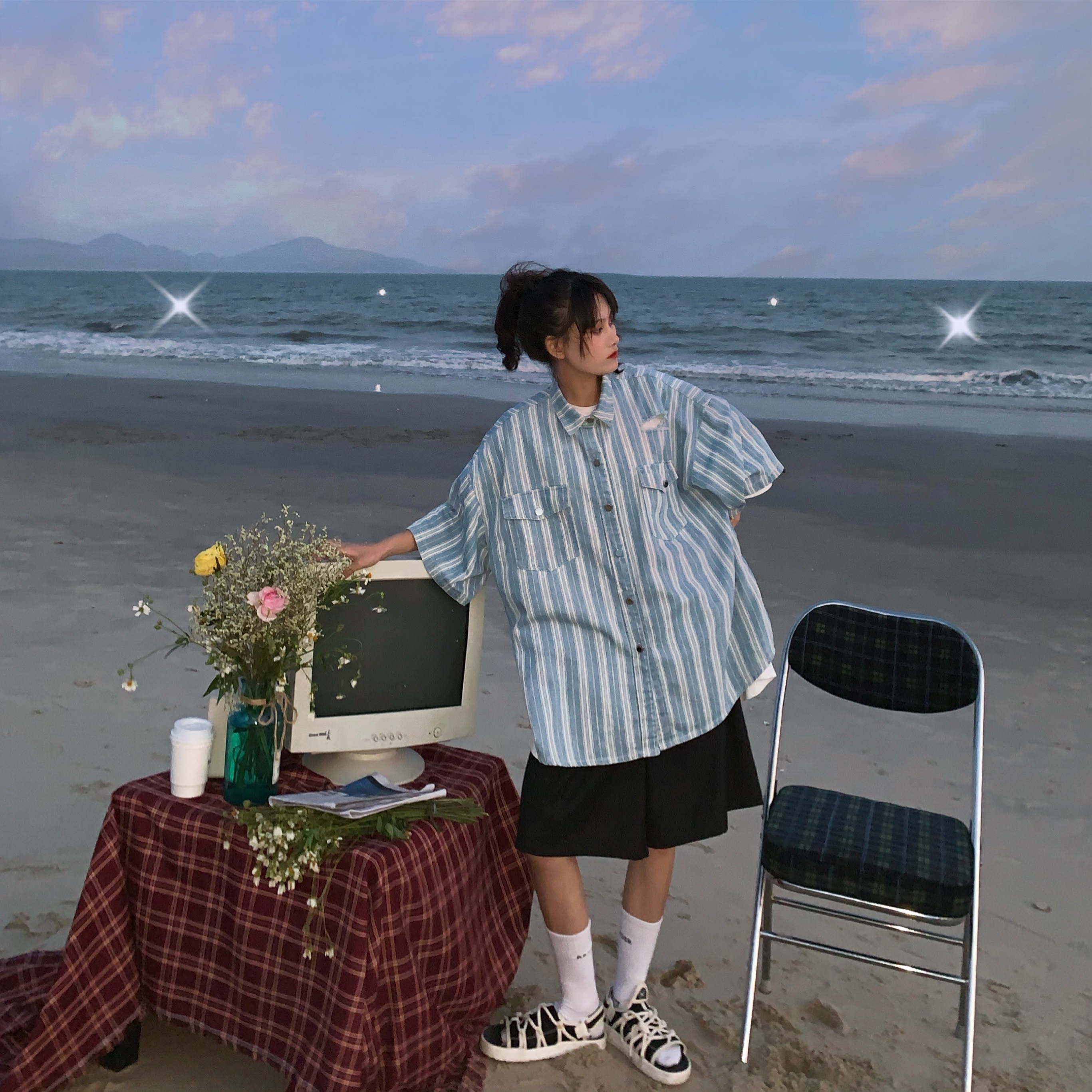 Retro Striped Denim Top - Handmade Loose Fit Shirt with Ripped Short Sleeves, Summer Hong Kong Style, Trendy 90s Vibe