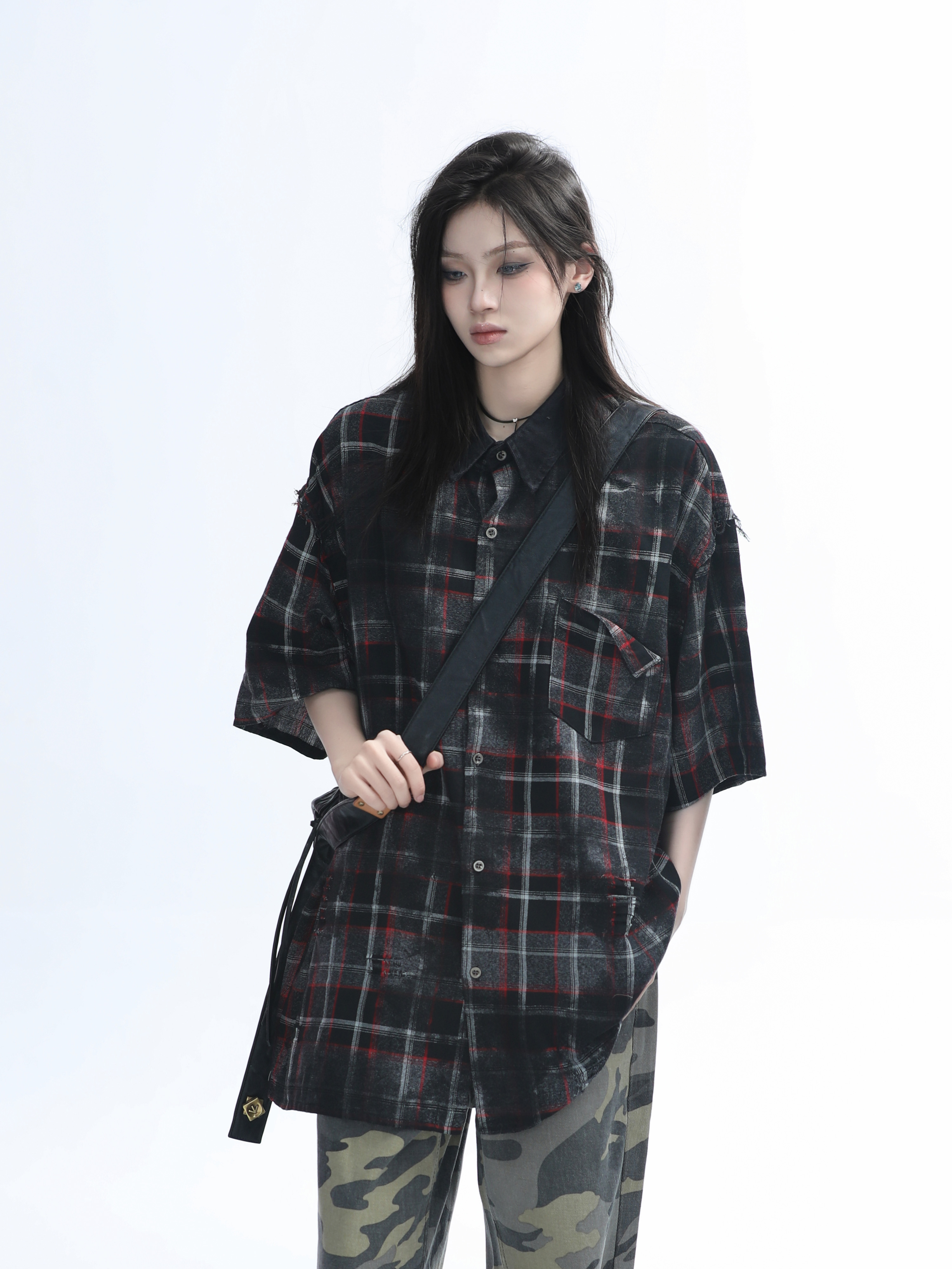 Retro Tie-Dye Plaid Short Sleeve Shirt for Women - Casual Summer Style, American High Street Trend