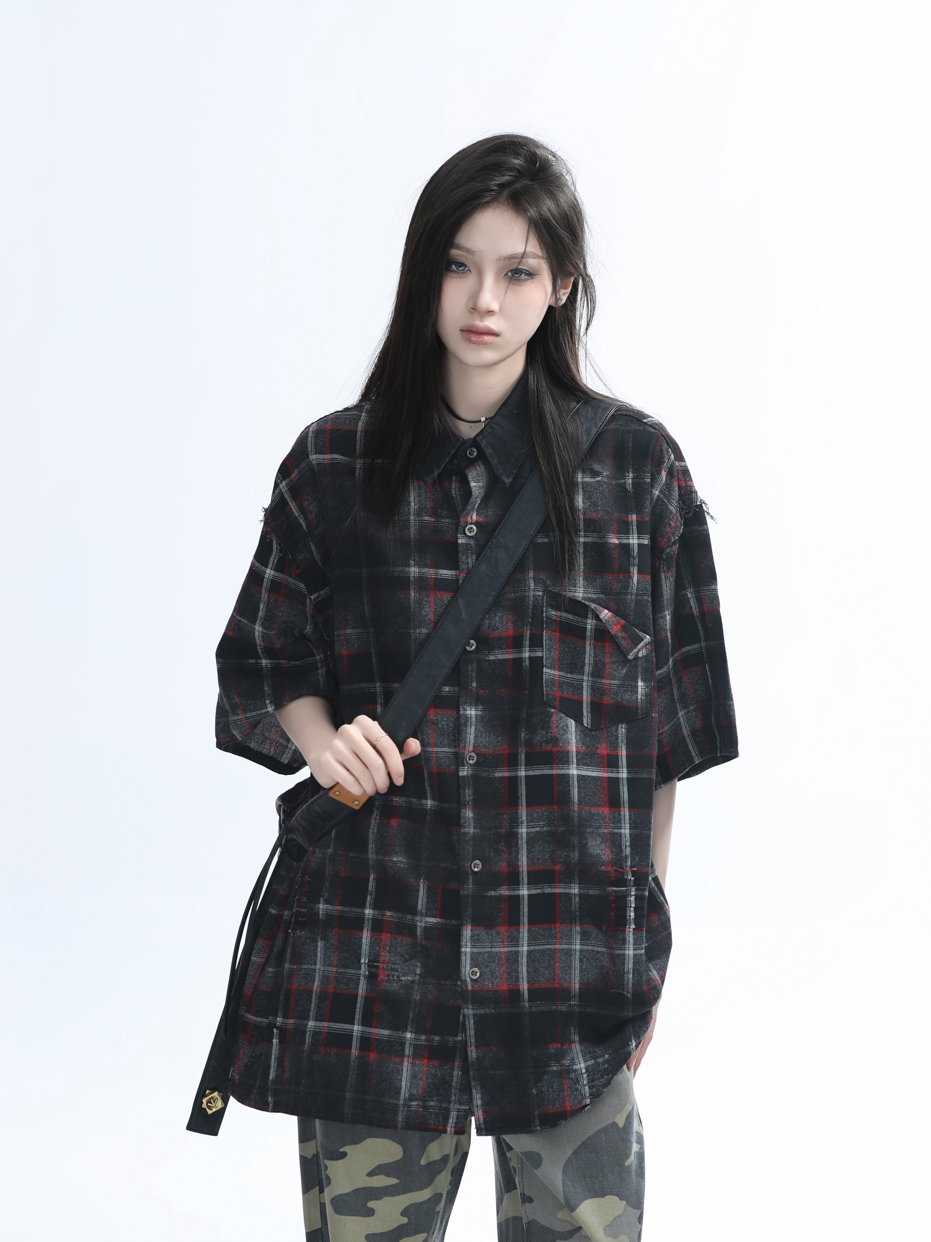 Retro Tie-Dye Plaid Short Sleeve Shirt for Women - Casual Summer Style, American High Street Trend