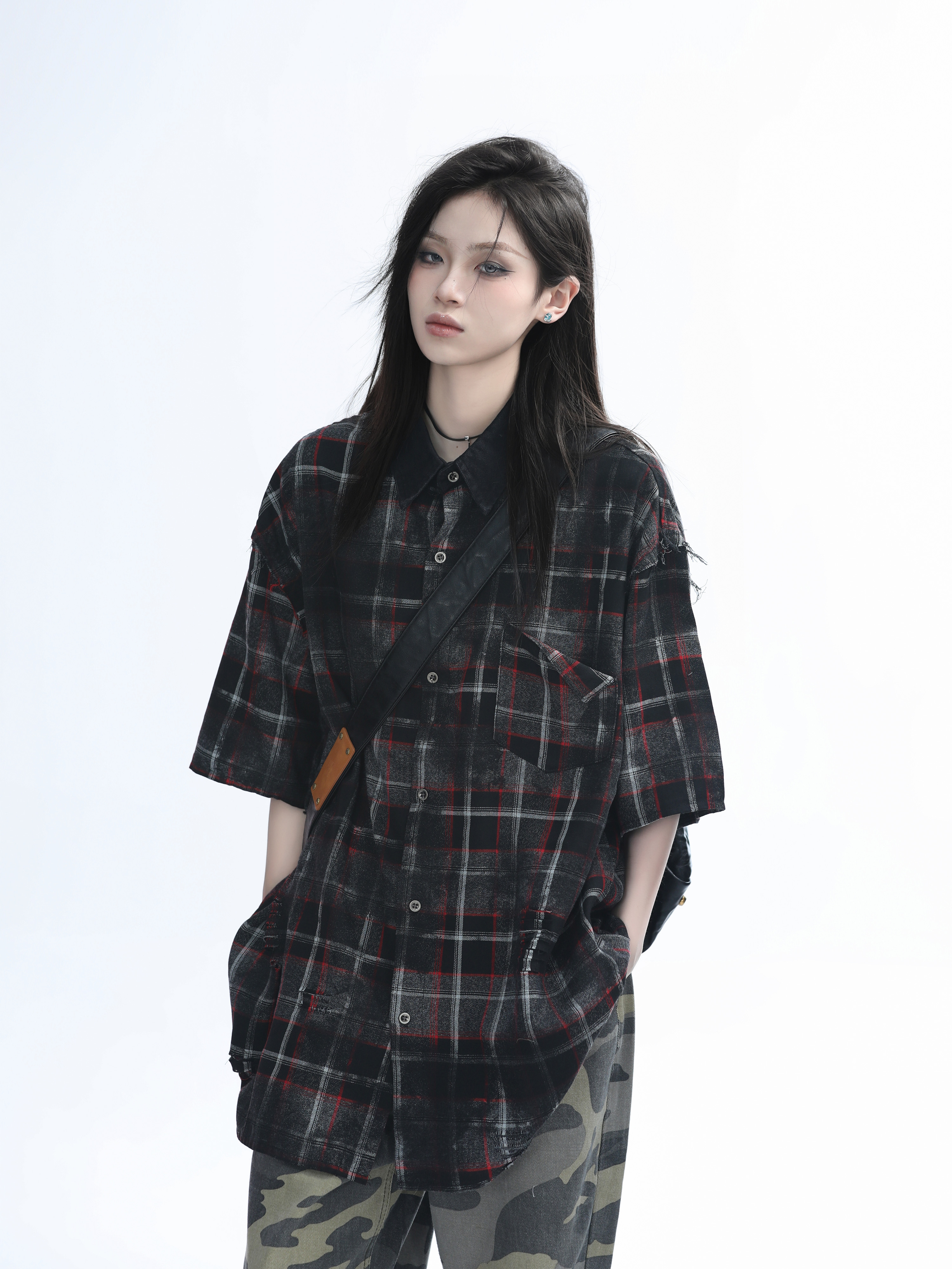 Retro Tie-Dye Plaid Short Sleeve Shirt for Women - Casual Summer Style, American High Street Trend