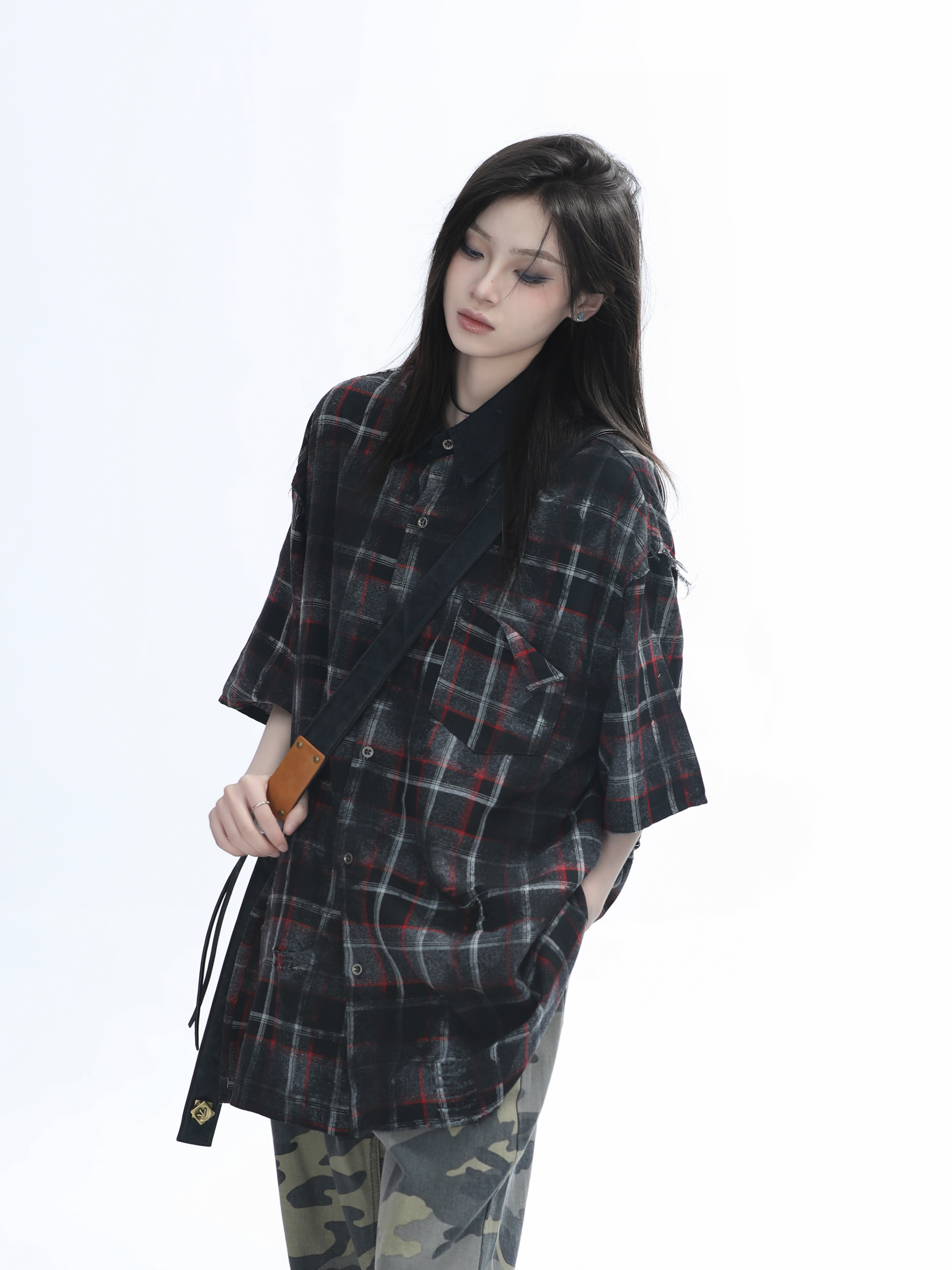 Retro Tie-Dye Plaid Short Sleeve Shirt for Women - Casual Summer Style, American High Street Trend