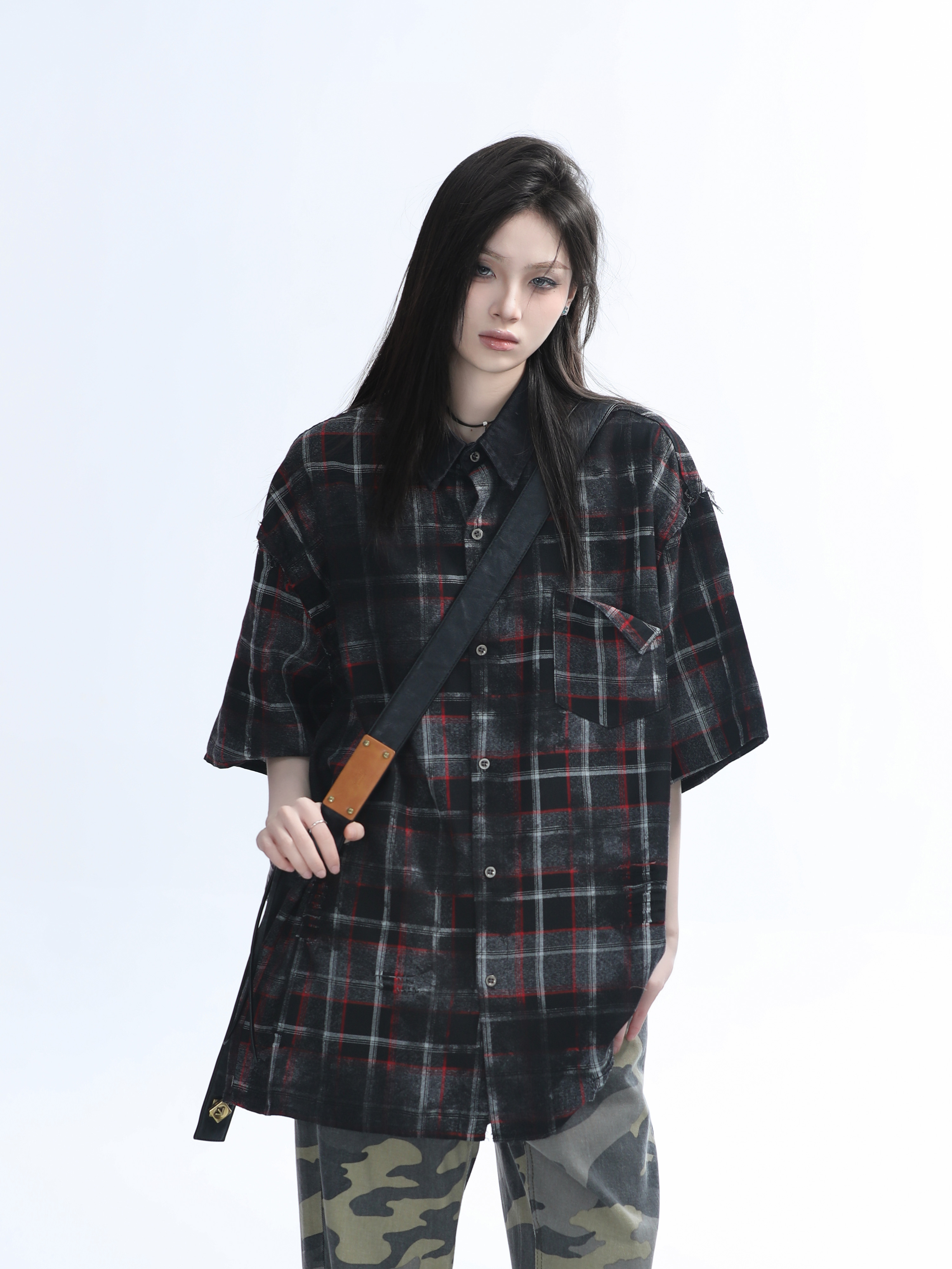 Retro Tie-Dye Plaid Short Sleeve Shirt for Women - Casual Summer Style, American High Street Trend