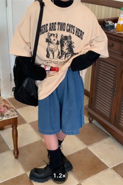 Retro Trendy Washed Vintage Cat Print Loose Fit Couple Round Neck Short Sleeve T-Shirt - Y2K Style
